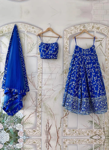 Party wear Royal blue georgette lehenga with elegant thread and sequin work